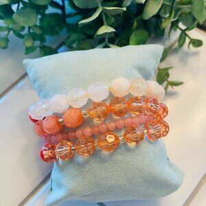 Peach and Orange Beaded Stretch Bracelet Set of 4